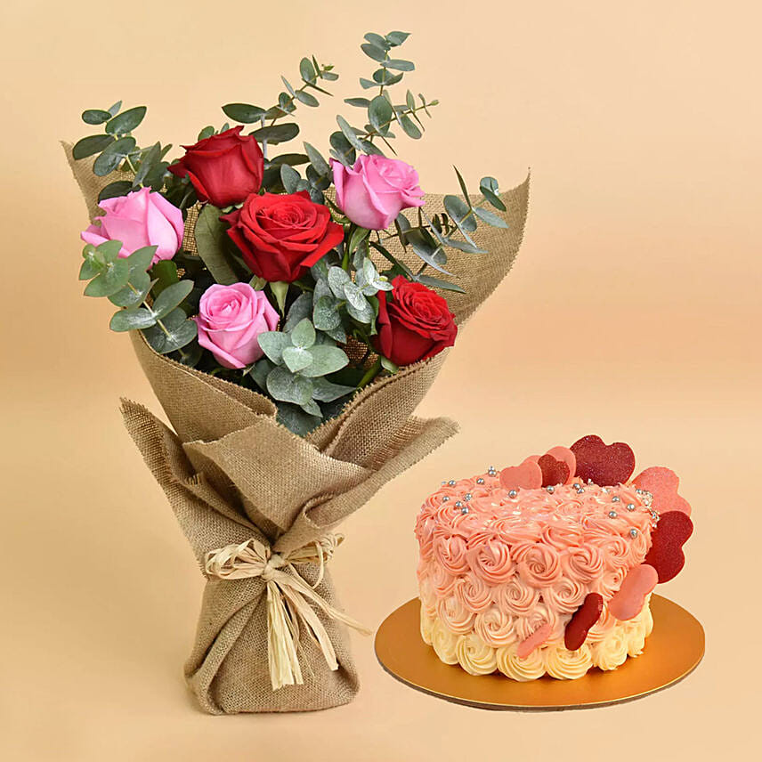 3 Pink 3 Red Roses Bouquet With Cake For Valentines