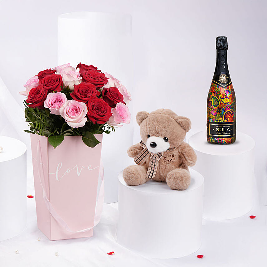 Roses Teddy and Wine Combo for Valentines