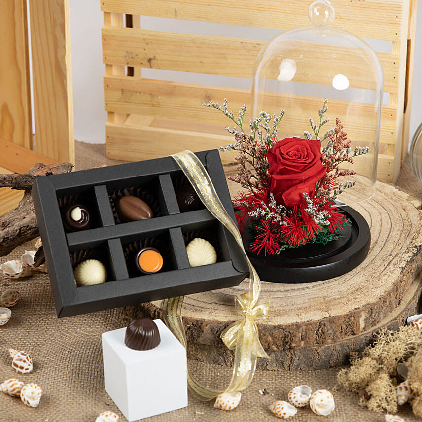 Red Forever Rose and Assorted Chocolate Box for Valentine