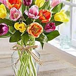 20 Mixed Tulips In Glass Vase