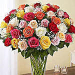 Bunch Of 50 Assorted Roses In a Glass Vase