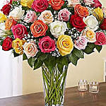 Bunch Of 50 Assorted Roses In a Glass Vase