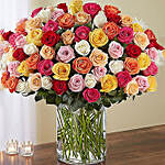 Bunch Of 100 Mixed Roses Glass Vase