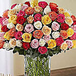 Bunch Of 100 Mixed Roses Glass Vase