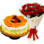 Fruit Cake And Red Rose Bouquet