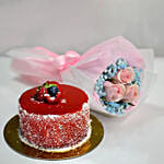 Lovely Pink Rose Baby Breath Bouquet With Mini Mousse Cake