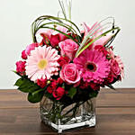 Pink Flowers Bunch In Glass Vase