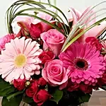 Pink Flowers Bunch In Glass Vase