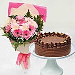 Pink Gerbera Bouquet Chocolate Brownie Cake