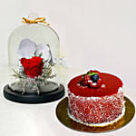 Red Forever Rose In Glass Dome With Mini Mousse Cake