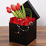 Stylish Box Of Chocolates and Red Mixed Flowers