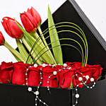 Stylish Box Of Chocolates and Red Mixed Flowers