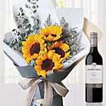 Sunflowers Bouquet With Du Marquis Wine