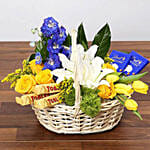 Yellow And Blue Mixed Floral Basket With Chocolates