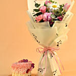 Beautiful Mixed Flowers Bouquet & Floral Heart Choco Cake