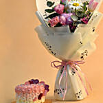 Beautiful Mixed Flowers Bouquet & Floral Heart Choco Cake