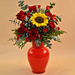 Charismatic Mixed Flowers Red Vase