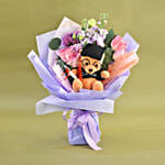 Cute Graduation Teddy & Fresh Flowers Bouquet