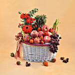 Mixed Red Flowers & Assorted Fruits Oval Basket