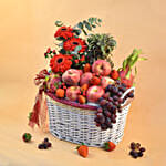 Mixed Red Flowers & Assorted Fruits Oval Basket