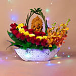 Colourful Flowers N Ganesha Idol Ship Shaped Vase