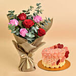 3 Pink 3 Red Roses Love Bouquet With Cake For Valentines