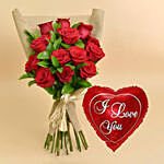 12 Valentines Red Roses Bouquet With I Love You Balloon For Valentines