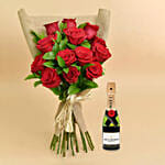 12 Valentines Red Roses Bouquet With Mini Moet Champagne For Valentines