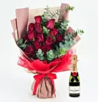 13 Red Roses Bouquet With Mini Moet Champagne For Valentines