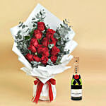 15 Red Roses And Million Smiles With Mini Moet Champagne For Valentines