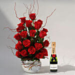 22 Red Roses In A Fish Bowl With Mini Moet Champagne For Valentines