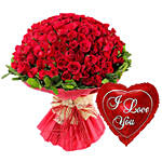 Bouquet Of 100 Roses With I Love You Balloon For Valentines