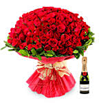 Bouquet Of 100 Roses With Mini Moet Champagne 200 Ml For Valentines