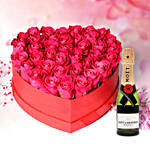 Heartshape Pink Roses Box With Mini Moet Champagne 200 Ml For Valentines