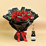 Joyful Red Bouquet With Mini Moet Champagne For Valentines