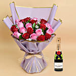 Love Expressions Pink And Red Roses Bouquet With Mini Moet Champagne For Valentines