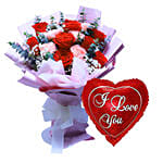 Rose & Carnation Bouquet With I Love You Balloon For Love