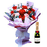 Rose & Carnation Bouquet With Mini Moet Champagne 200 Ml For Love