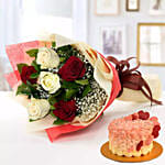 Red N White Roses With Cake