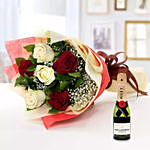 Red N White Roses With Mini Moet Champagne