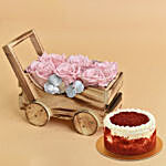 Lovely Forever Roses In a Cart For Valentine With Red Velvet Cake