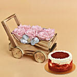 Lovely Forever Roses In a Cart For Valentine With Red Velvet Cake