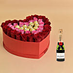 Roses and Chocolate In a Heart Shaped Box With Moet Champagne