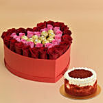Roses and Chocolate In a Heart Shaped Box With Red Velvet Cake
