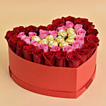 Roses and Chocolate In a Heart Shaped Red Box