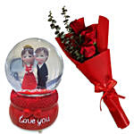 Love You Musical Couple Glass Dome With 3 Red Roses Bouquet