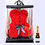 Artificial Roses Red Teddy Bear With Mini Moet Champagne 200 Ml For Valentine