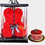 Artificial Roses Red Teddy Bear With Mini Mousse Cake For Valentine