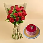 12 Valentines Red Roses Bouquet With Cake For Valentines Day