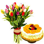 Colourful Tulips Bunch And Chocolate Cake